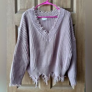 MAIN STRIP FRAY HEM V NECK CABLE SWEATER SMALL OVERSIZED